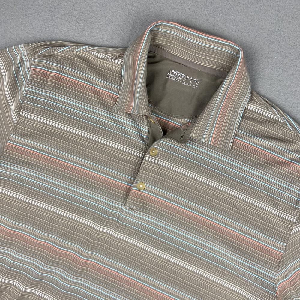 Nike‎ Golf Polo Shirt Mens M Brown Athletic Striped Dri Fit Stretch Golfing Thin
